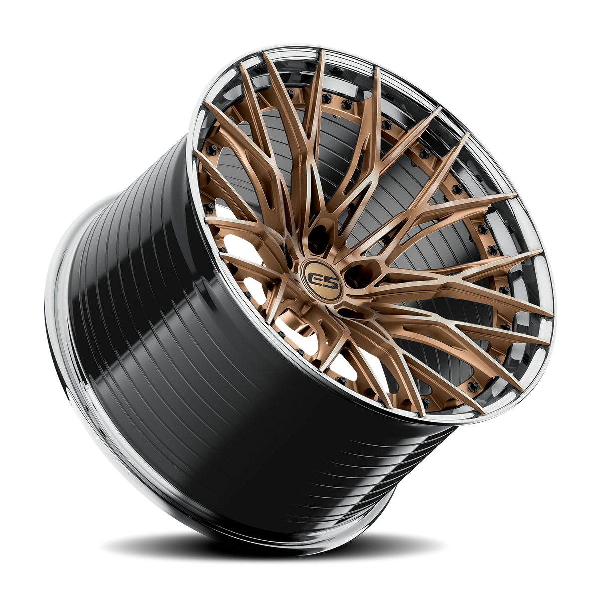 E5 Sebring 2P Bronze with Polished Lip 20x10 two-piece C8 Corvette wheel - angled view
