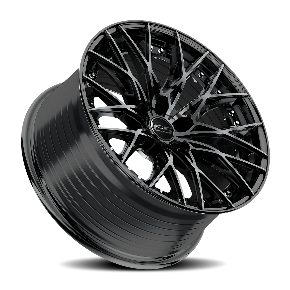 E5 Sebring 2P Gloss Black 20x10 two-piece C8 Corvette wheel - angled view