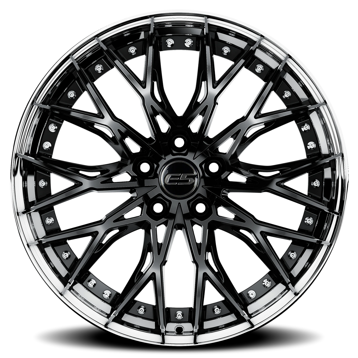 E5 Sebring 2P Gloss Black with Polished Lip two-piece C8 Corvette wheel - side profile