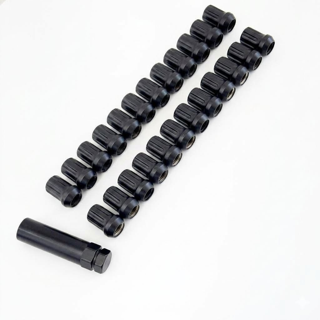 Short Truck Spline Lug Nuts 1/2"-20 – 60° Conical Acorn (24 Pack + Key) – Black