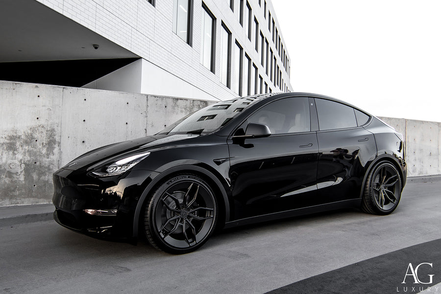 Tesla Model Y on AG Luxury Aero.64 forged wheels in matte black finish