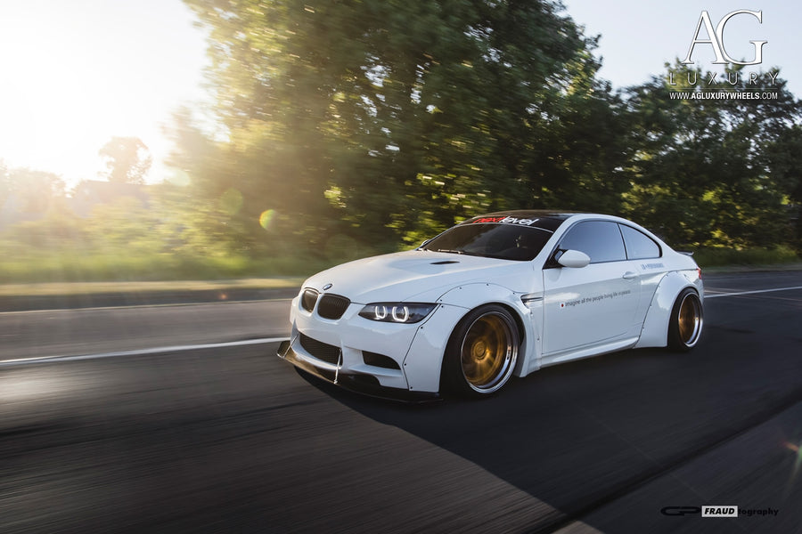 BMW Liberty Walk E92 M3 on AG Luxury AGL19 forged wheels in gold finish