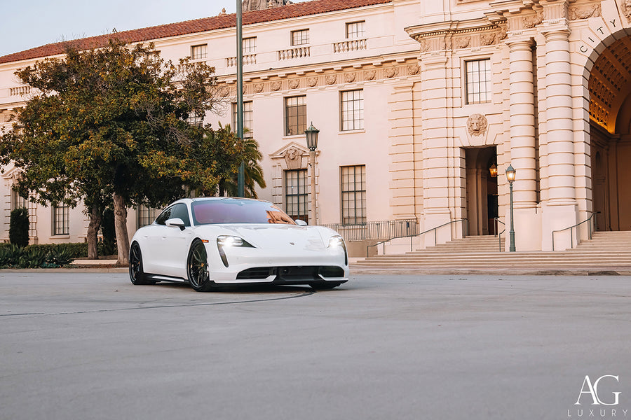 Porsche Taycan on AG Luxury AGL64 forged wheels in matte black / carbon fiber finish