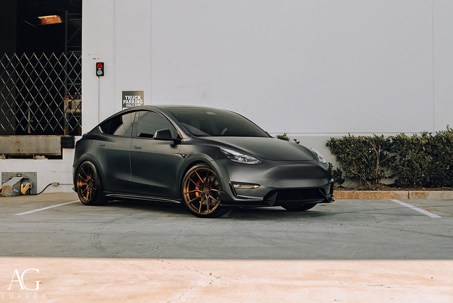 Tesla Model Y Adro Lip Kit on AG Luxury AGL68 forged wheels in bronze finish