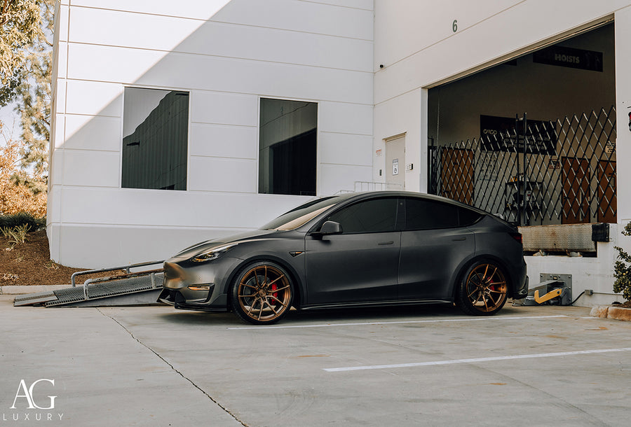 Tesla Model Y Adro Lip Kit on AG Luxury AGL68 forged wheels in bronze finish - view 2