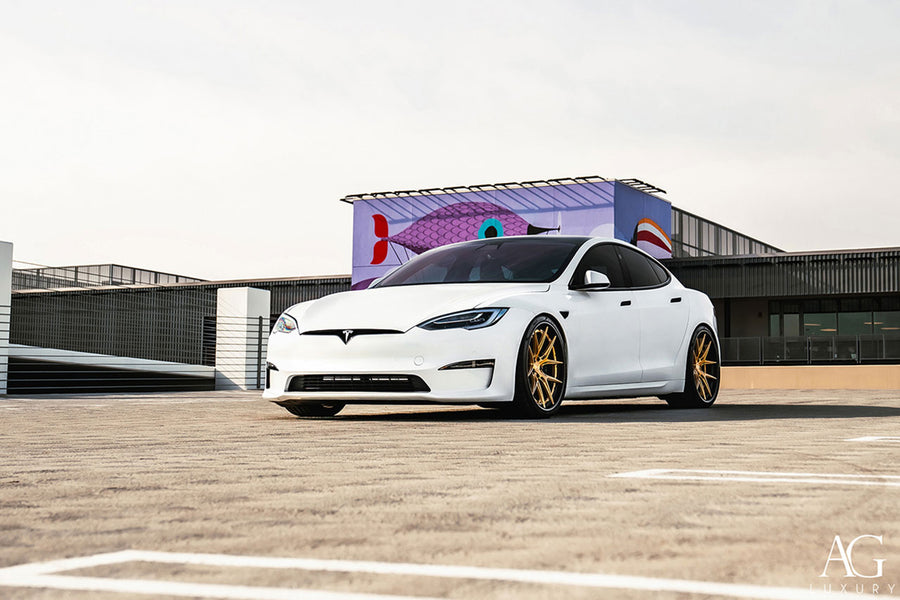 Tesla Model S Plaid on AG Luxury AGL75 forged wheels in brushed / champagne finish