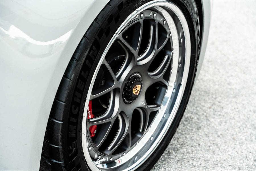 Porsche 911 992 GTS on AL13 C007R forged wheels in Satin Polished Shadow Grey / Polished Gloss finish