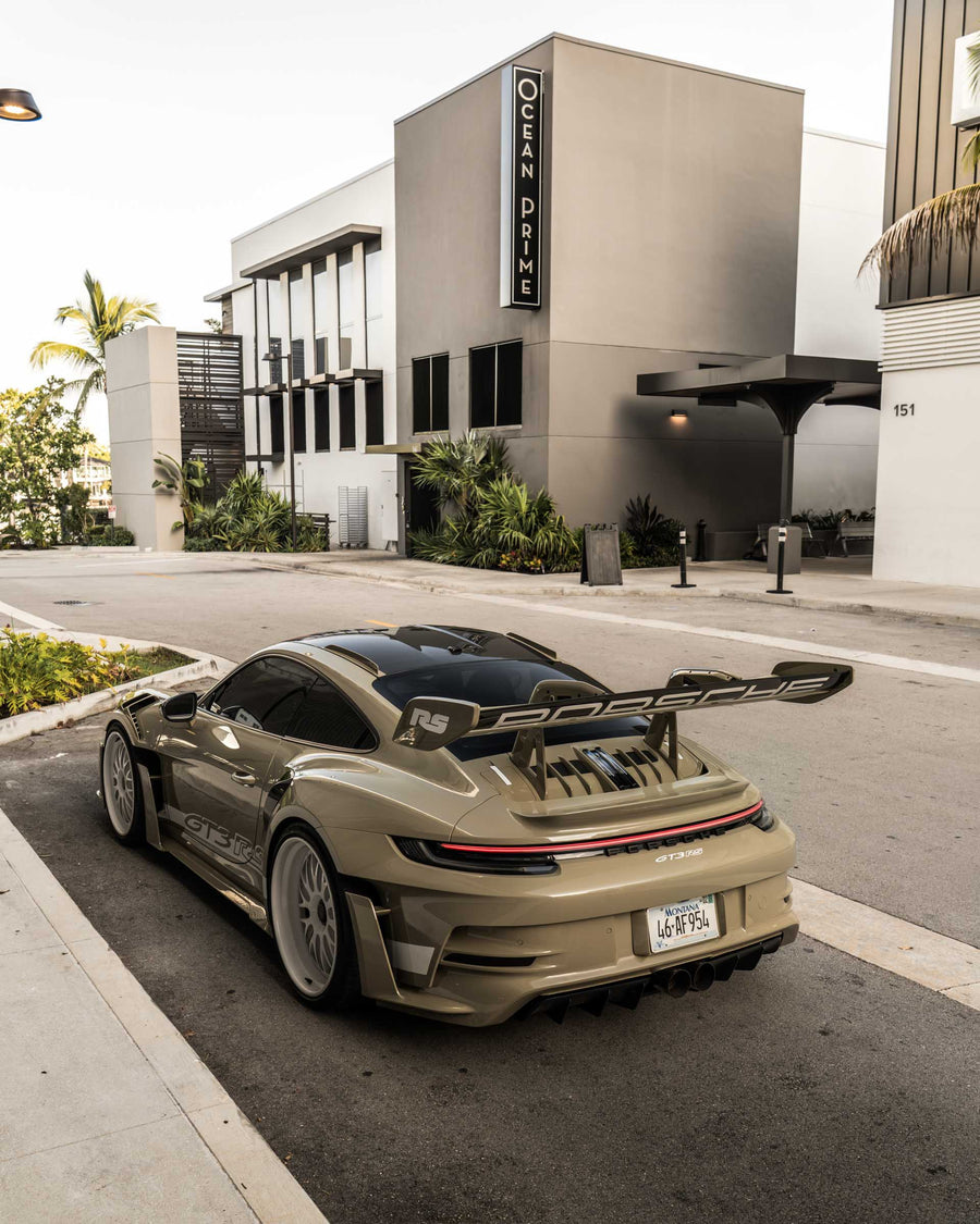 Porsche 911 992 GT3 RS on AL13 C008T forged wheels in Gloss Tesora White finish