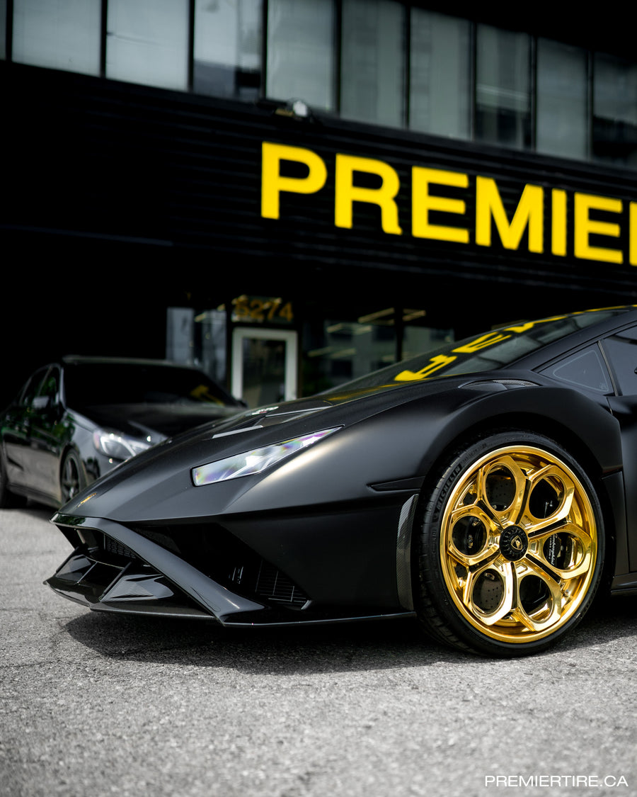 Lamborghini Huracan STO on AL13 R110 forged wheels in Polished Gloss Cali Gold finish