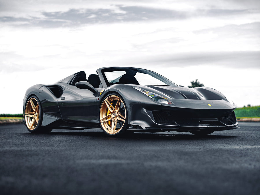 Ferrari 488 Pista on AL13 R50 forged wheels in Brushed Gloss Olympic Gold finish
