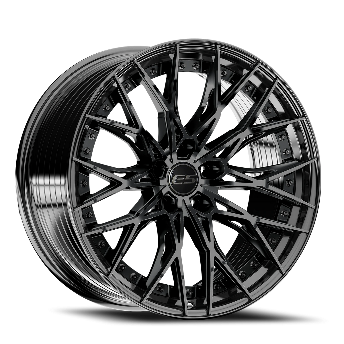 E5 Sebring 2P Gloss Black 20x10 two-piece C8 Corvette wheel - face view