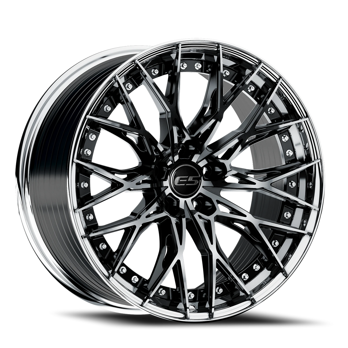 E5 Sebring 2P Gloss Black with Polished Lip two-piece C8 Corvette wheel - face view