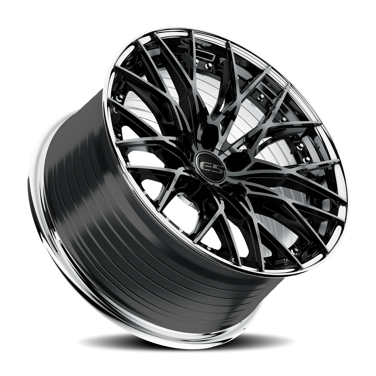 E5 Sebring 2P Gloss Black with Polished Lip two-piece C8 Corvette wheel - angled view