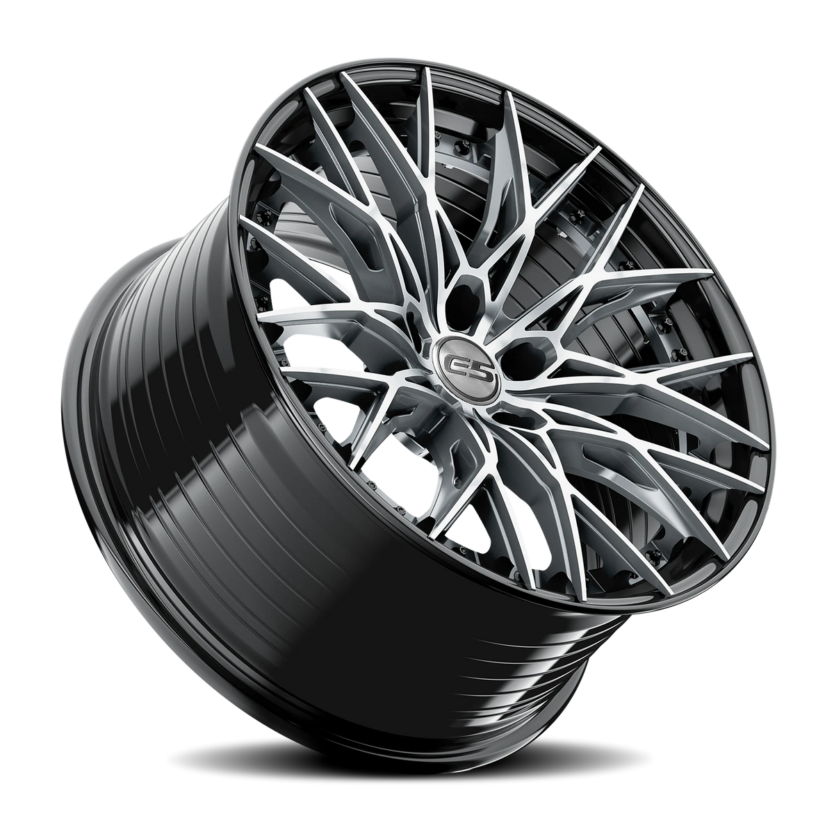 E5 Sebring 2P Titanium with Black Lip 20x10 two-piece C8 Corvette wheel - angled view