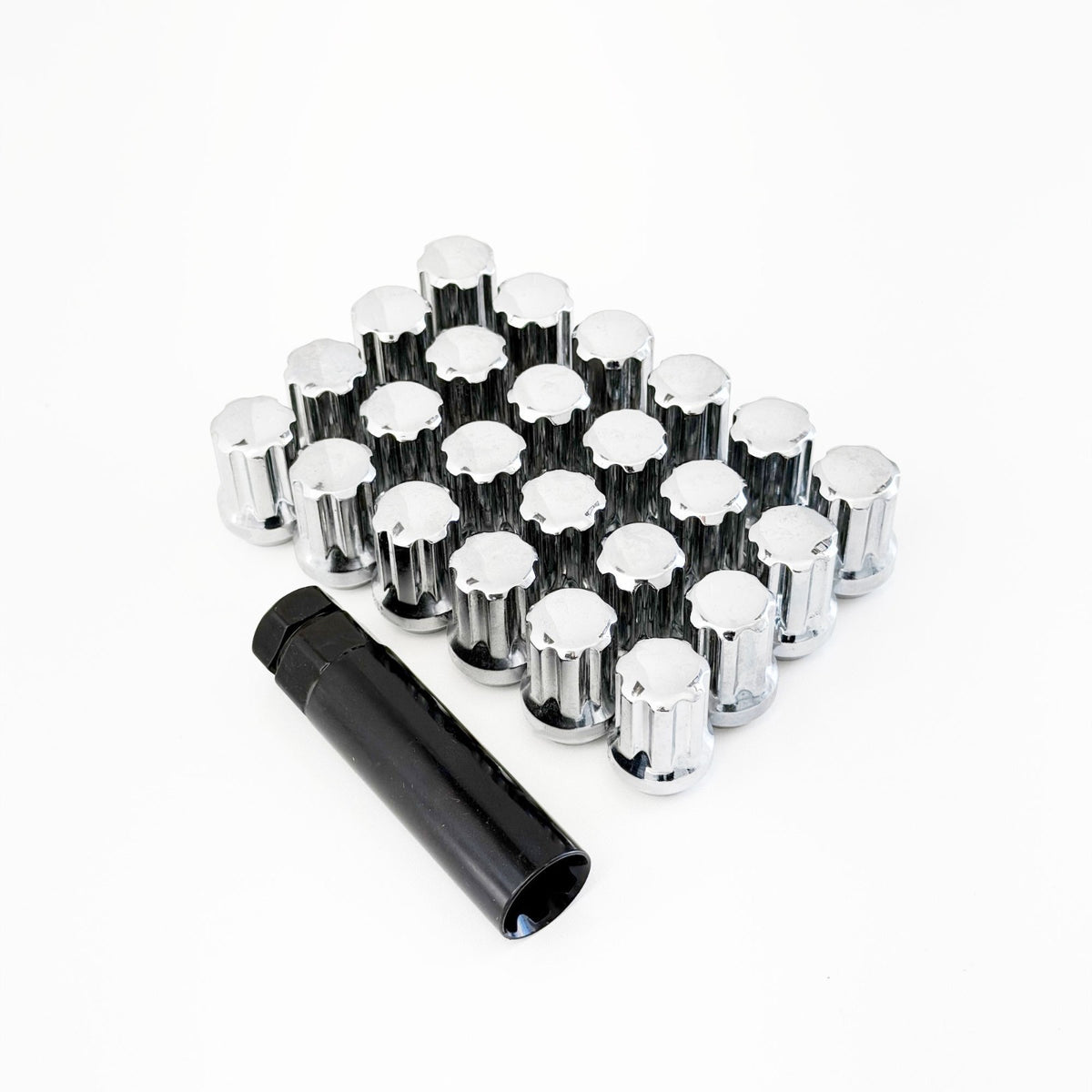 Short Truck Spline Lug Nuts M14x1.50 – 60° Conical Acorn (24 Pack + Key) – Chrome view 3